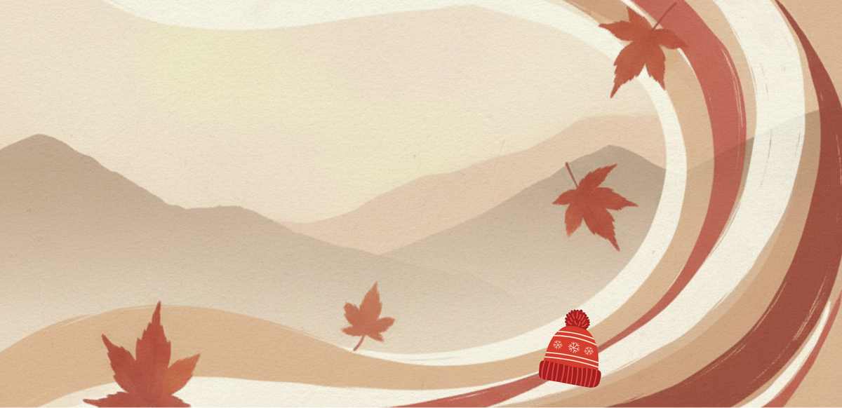 A stylized autumn landscape illustration with layered beige and brown mountains, red maple leaves floating in the air, curved cream and rust stripes, and a small red knit hat near the bottom right.